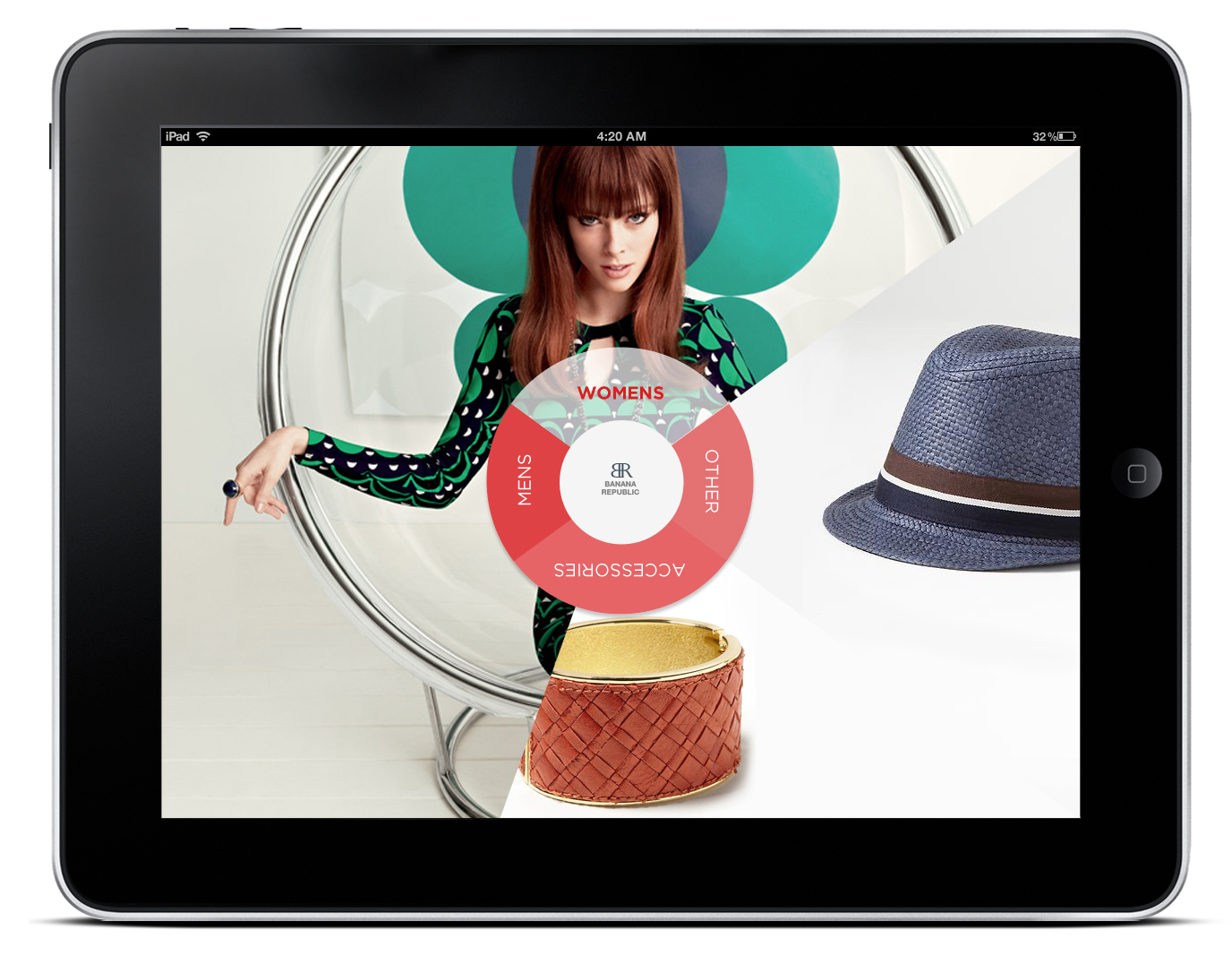 Women's section selected animation. Section tapped changes colour and image expands to fill screen