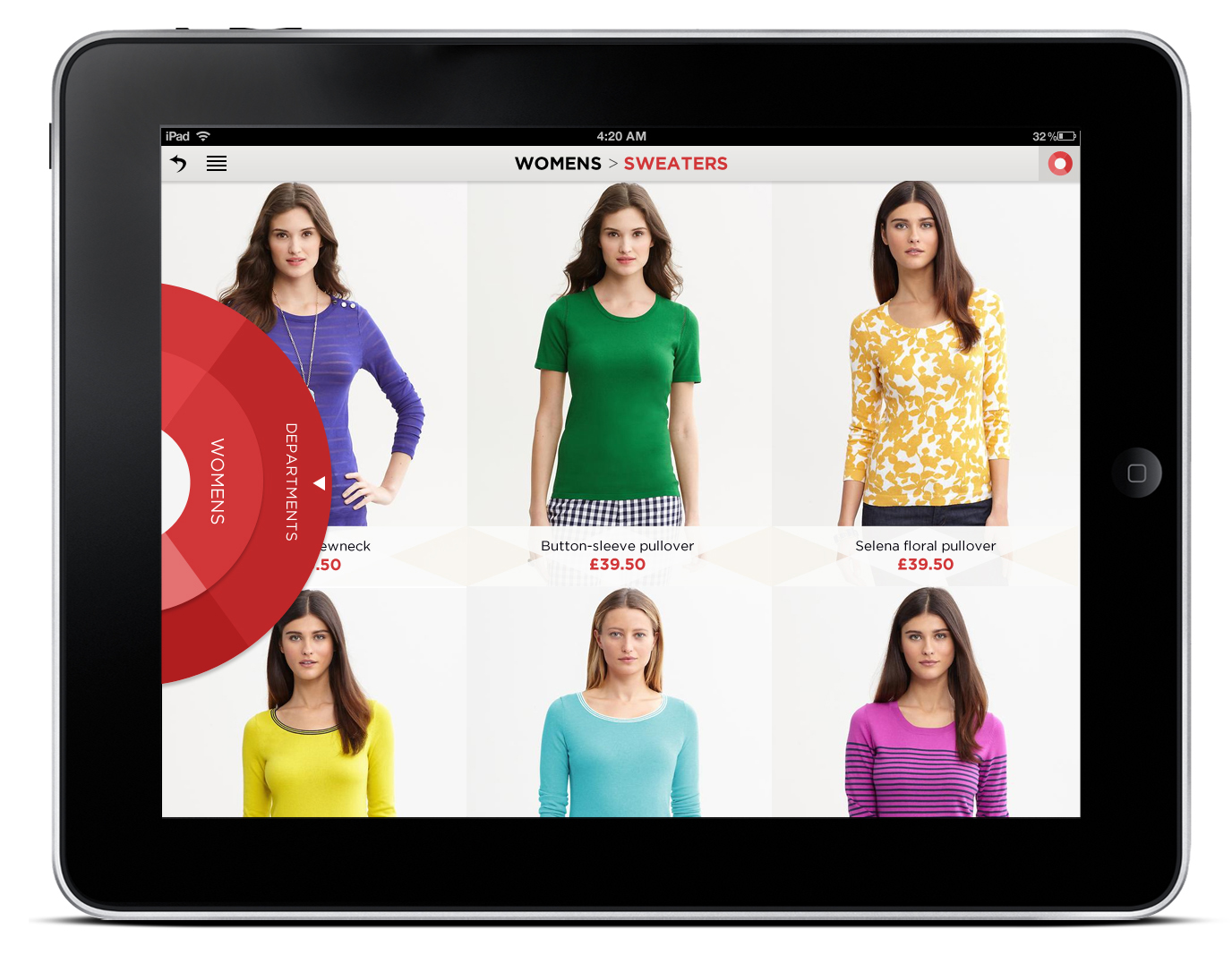 Department Section - Swipe round (up + down) to switch between departments. Swipe left to hide menu.