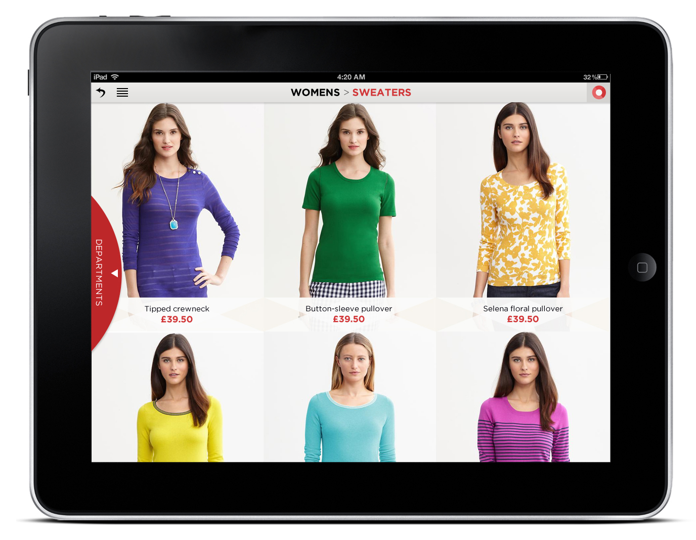Hide the menu by sliding it left. Swipe round (up + down) to switch between departments.