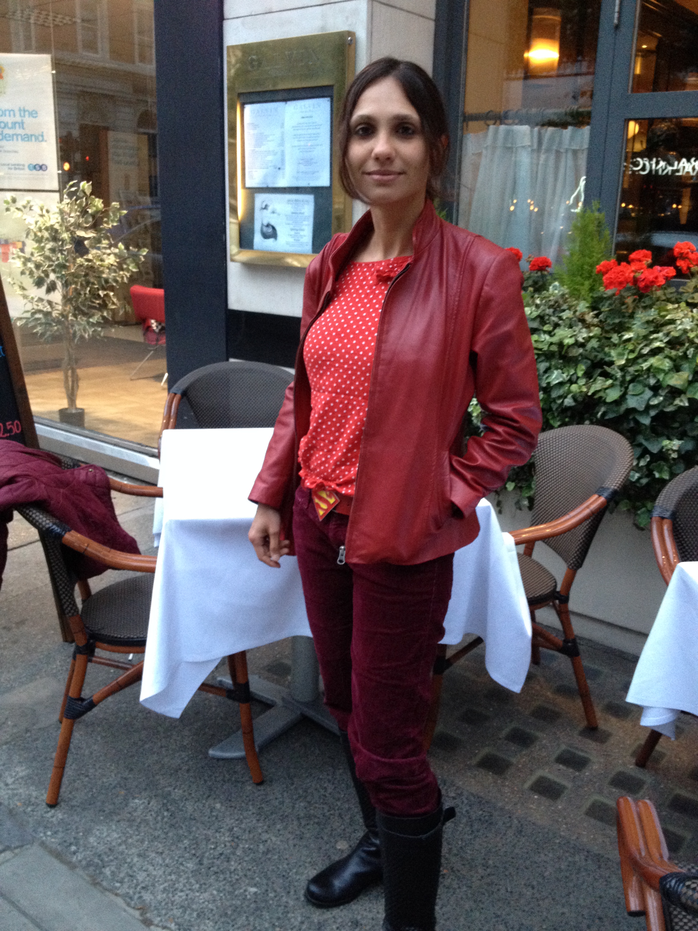 Janine in all red outfit